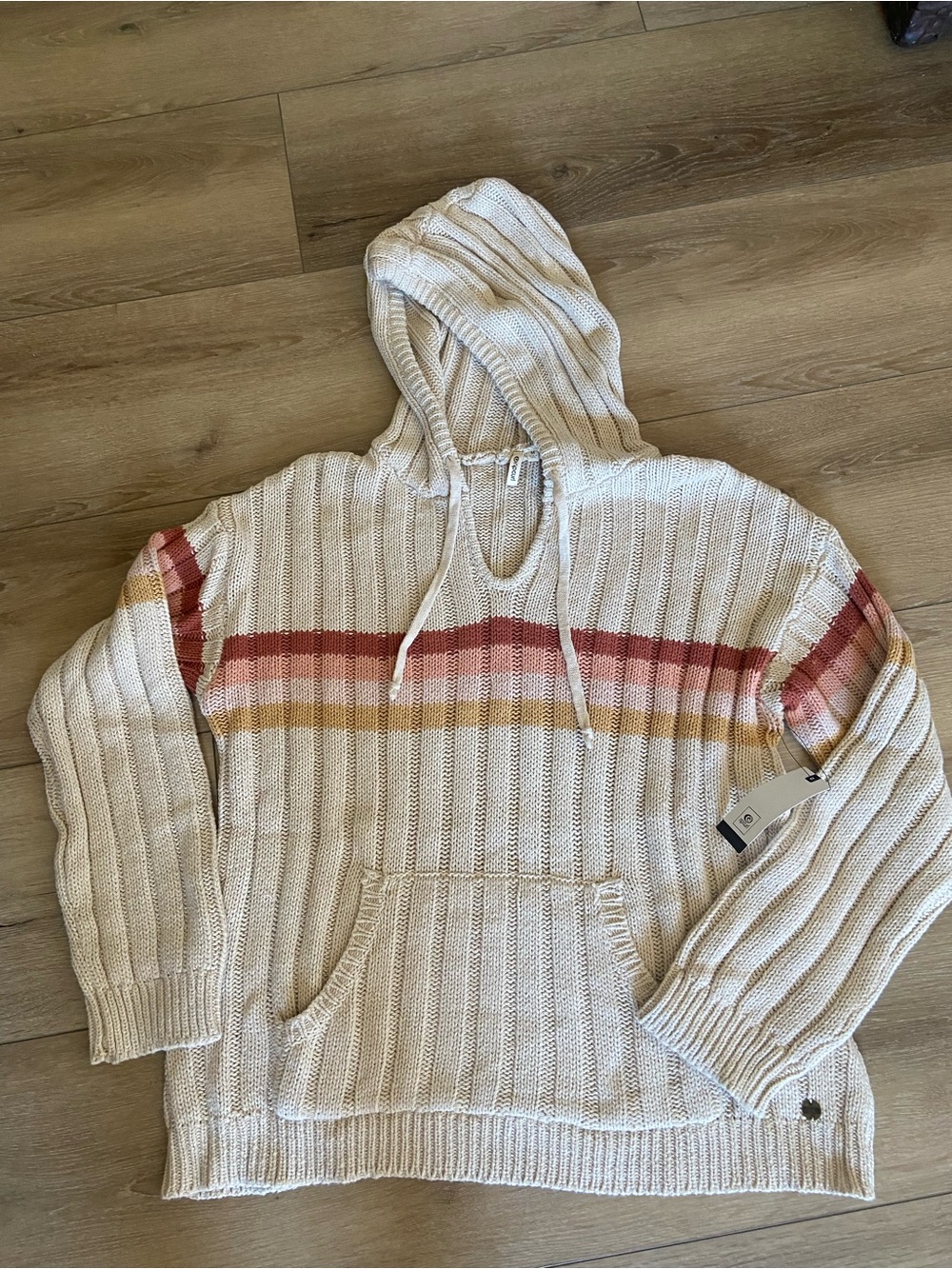 Rip Curl Cream Hooded Knit Sweater with Coral and Mustard Stripes